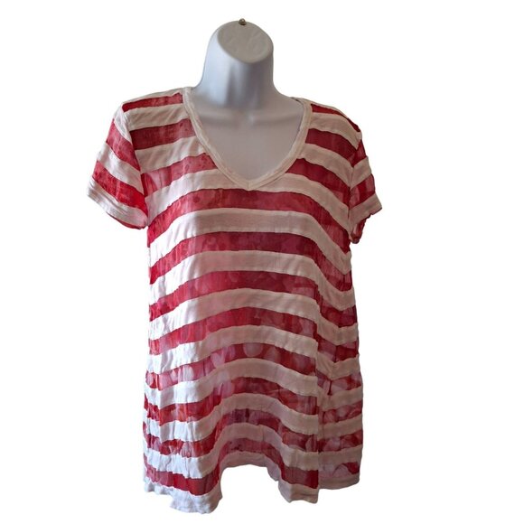 Casual Studio Womens V Neck Top M Red White Striped Short Sleeve Classiccore - Picture 1 of 7